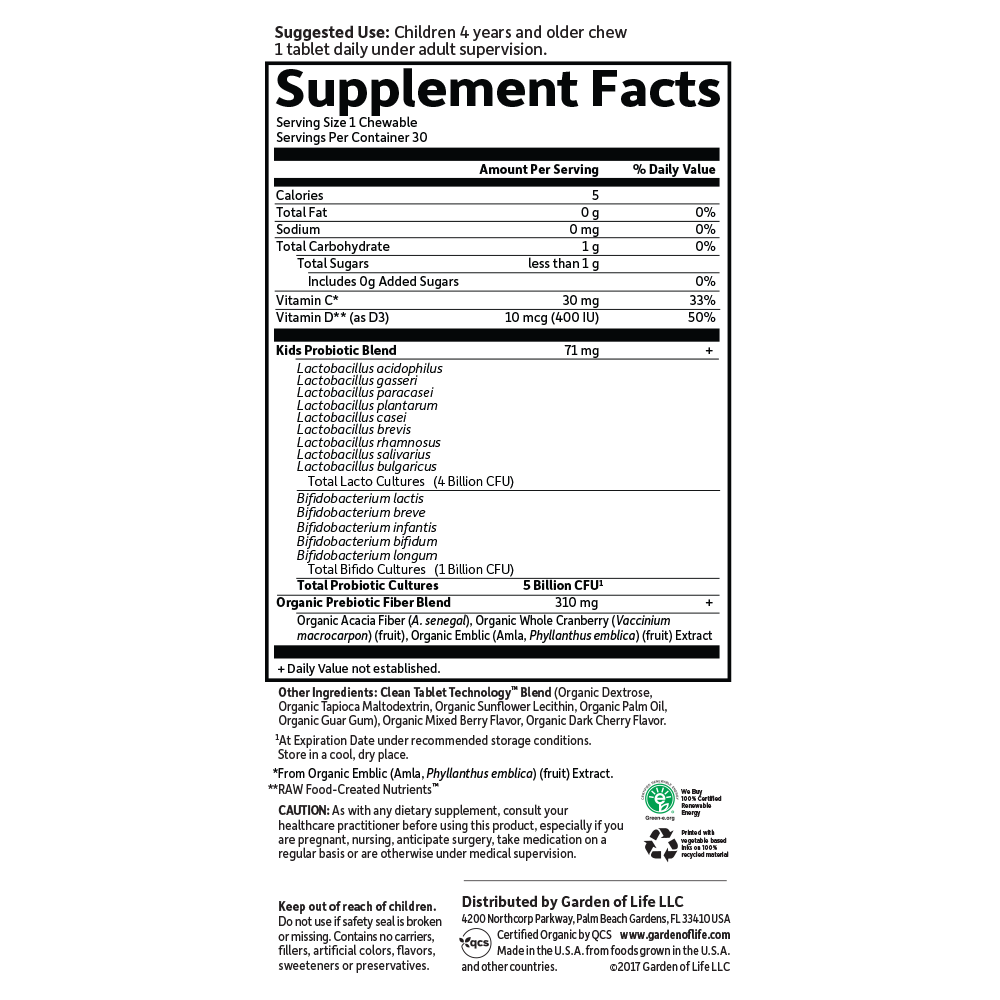Tabela Nutricional Dr. Formulated Probiotics Organic Kids+ 5 Billion CFU Shelf Stable