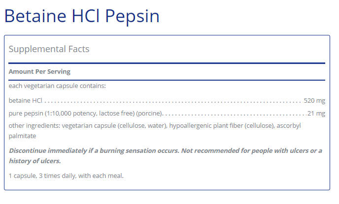 Tabela Nutricional Betaine HCl Pepsin 250 capsules