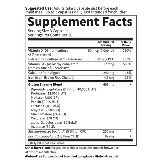 Tabela Nutricional Gluten-Free Support – 90 Vegetarian Capsules